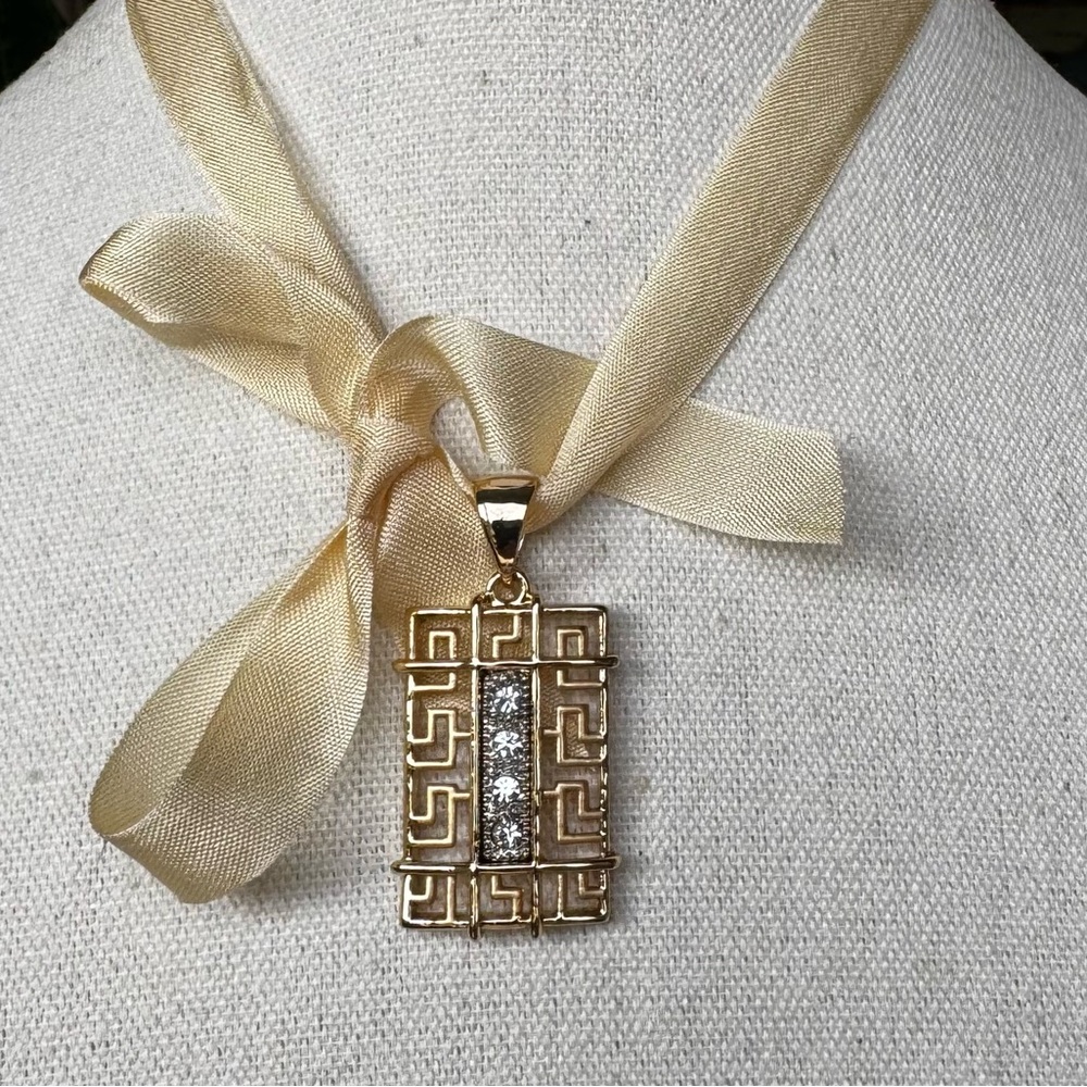 Deco Style Gold Tone Greek Key Rhinestone Geo Architectural Necklace Pendant